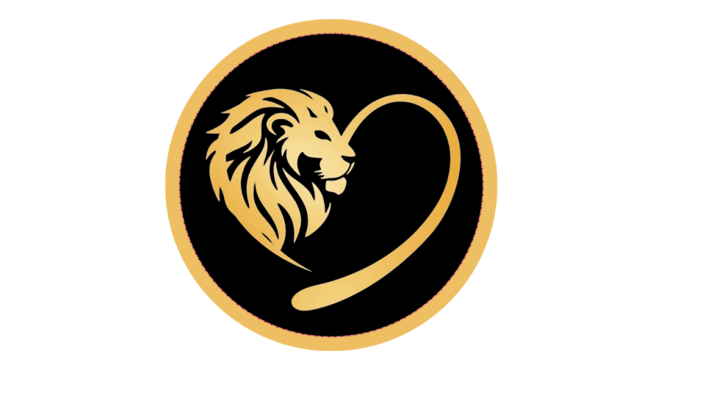 Logo von Herzlöwe, ein stilisiertes goldenes Löwenprofil im Profil mit einem Herzschwanz, das einen Kreis bildet, vor einem schwarzen Hintergrund